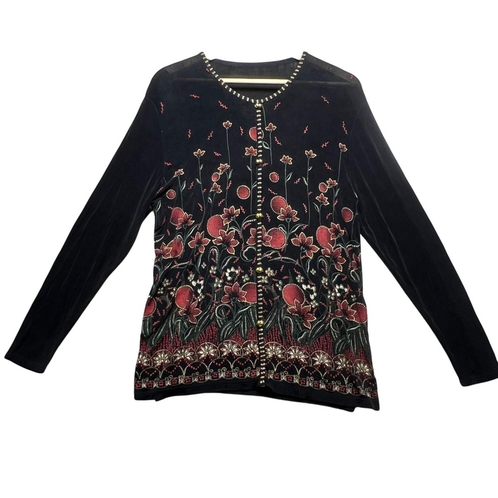 Vintage Floral Blouse L Embroidered Long Sleeve Asian Inspired Elegant Top Retro